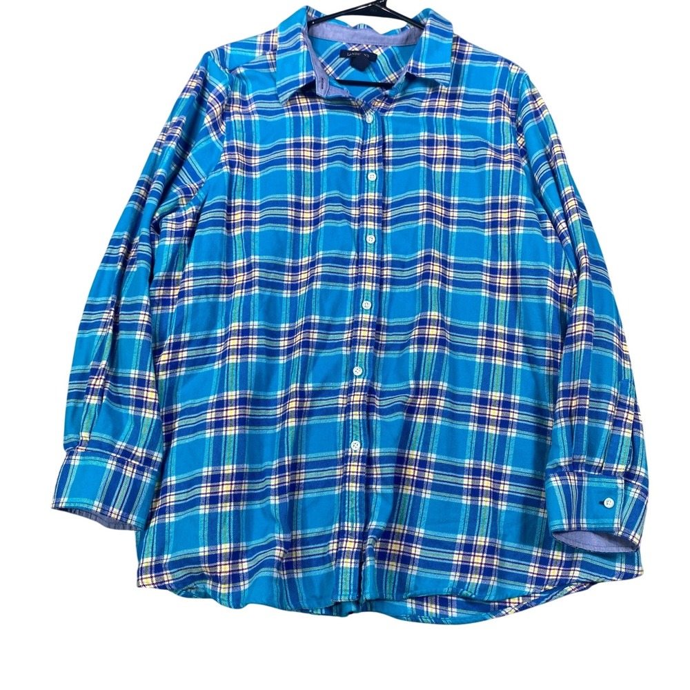 Lands'‎ End Plaid Flannel Shirt Womens 3X 24W-26W Button Front 100% Cotton Check